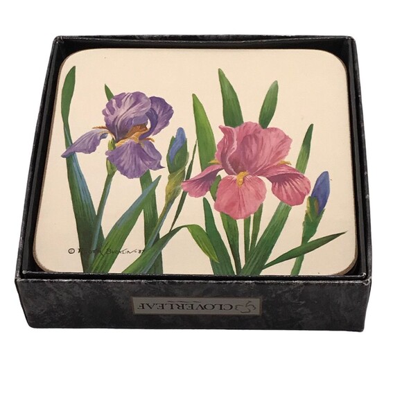 Cloverleaf Coasters Pink Purple Green Floral 6 Vintage Dining Decorative - Picture 3 of 5